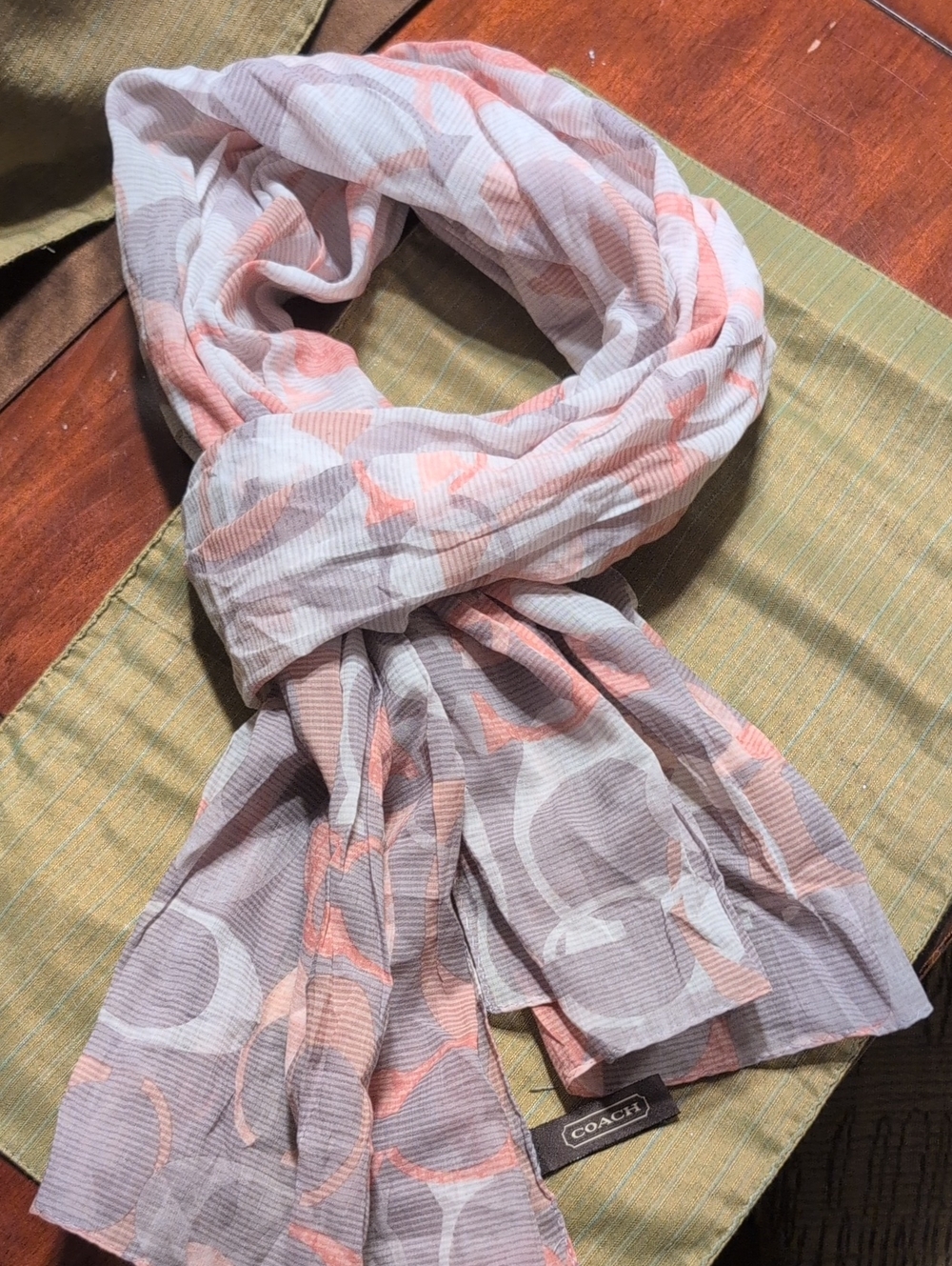 COACH Coral and Beige Logo-Print Lightweight Cotton Scarf